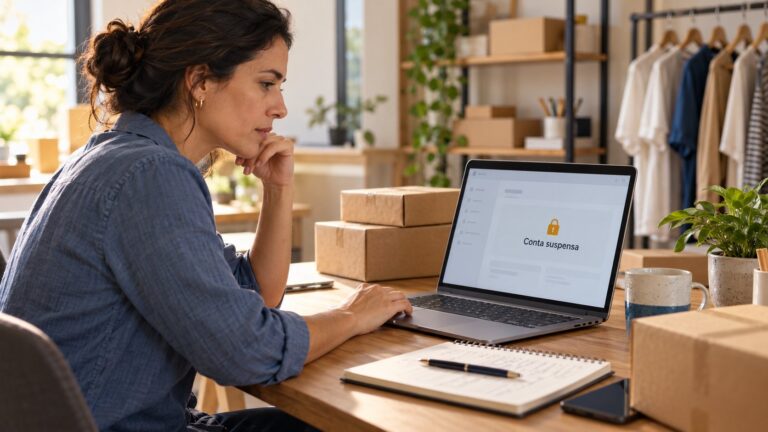 Vendedora analisa aviso de conta suspensa no marketplace, com caixas de pedidos ao lado do computador.