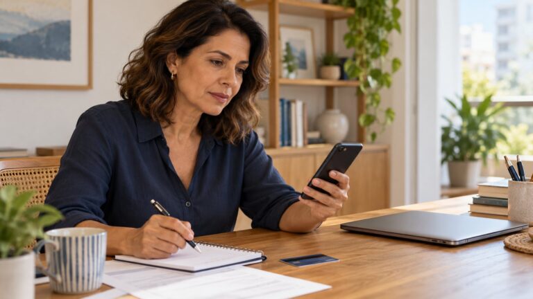 Mulher confere informações no celular e anota detalhes para verificar uma possível fraude bancária.