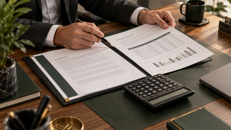 Profissional analisa contratos e planejamento financeiro sobre uma mesa com calculadora.